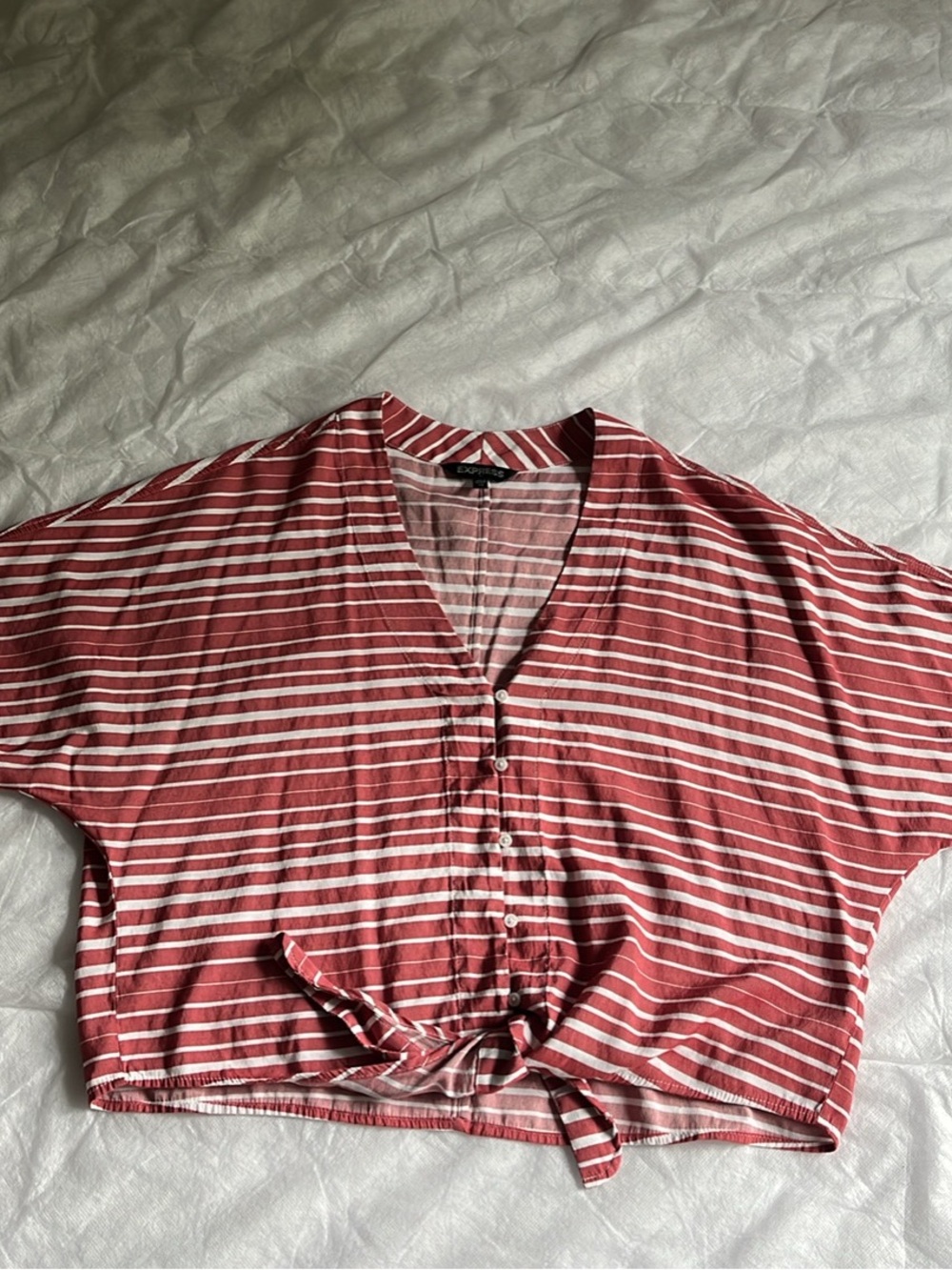 Express Red and White Striped Button-Front Tie Hem Top
